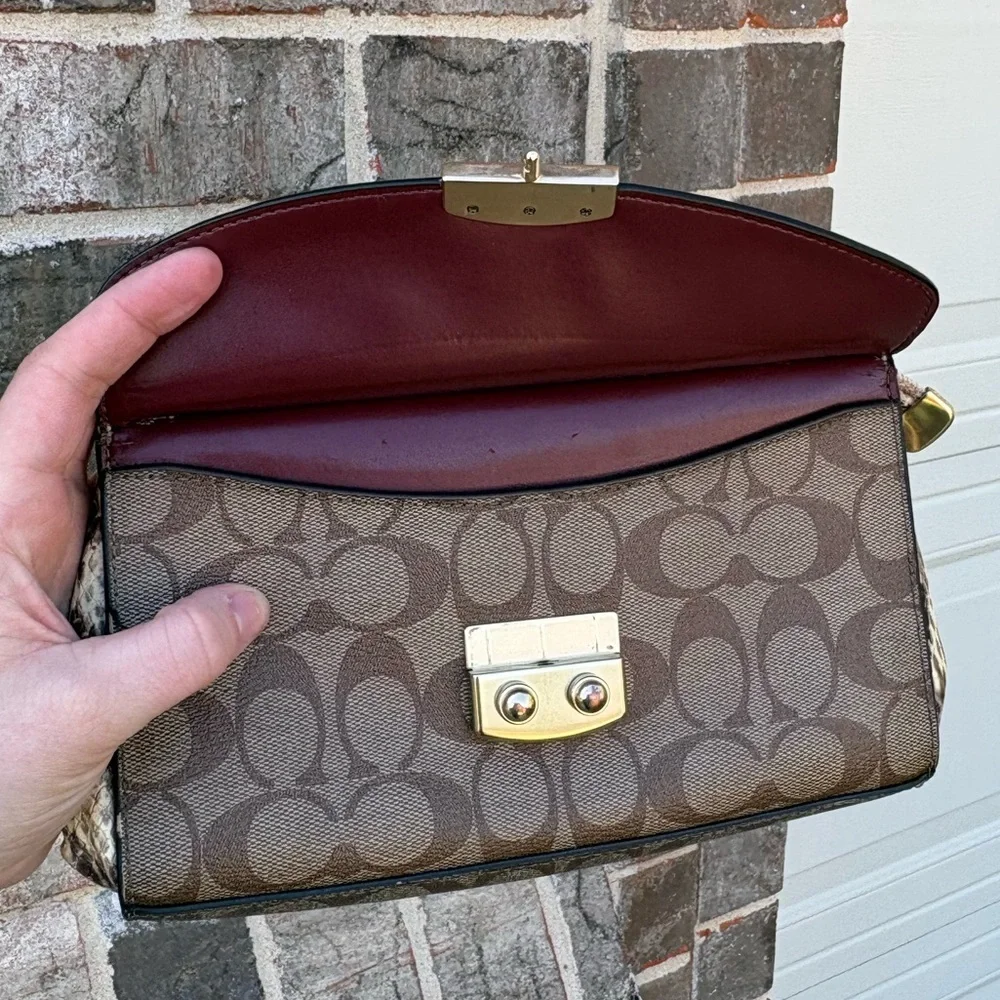 Coach Brown Signature Canvas Clutch with White Flap